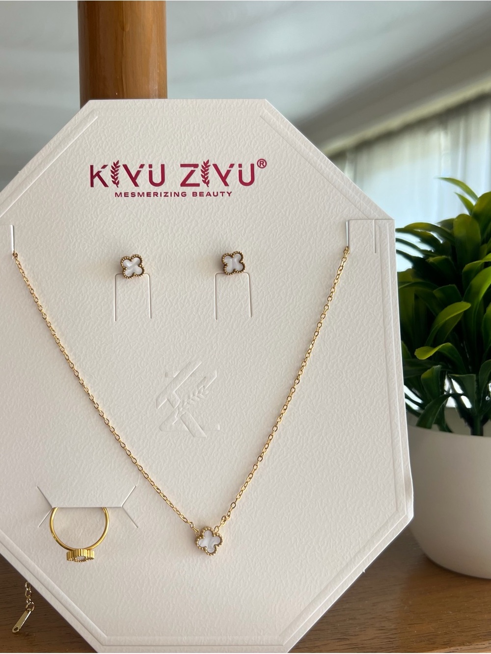 Gold Tone White Clover Necklace & Earrings Set